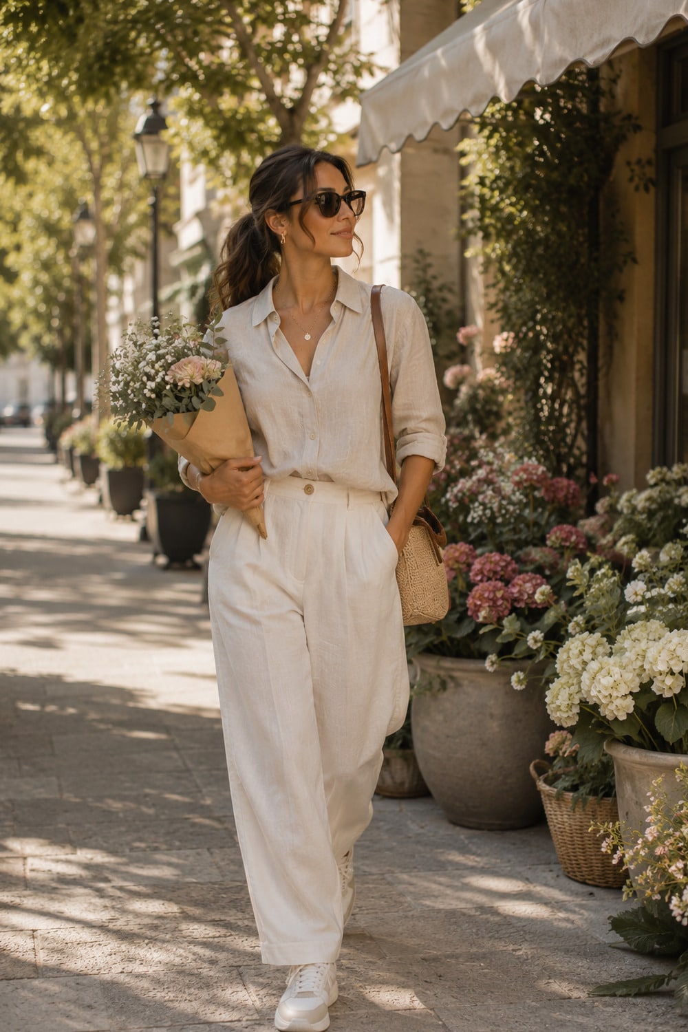 pleasure walking for women shown through a calm woman taking a soft summer walk in an elegant shaded street