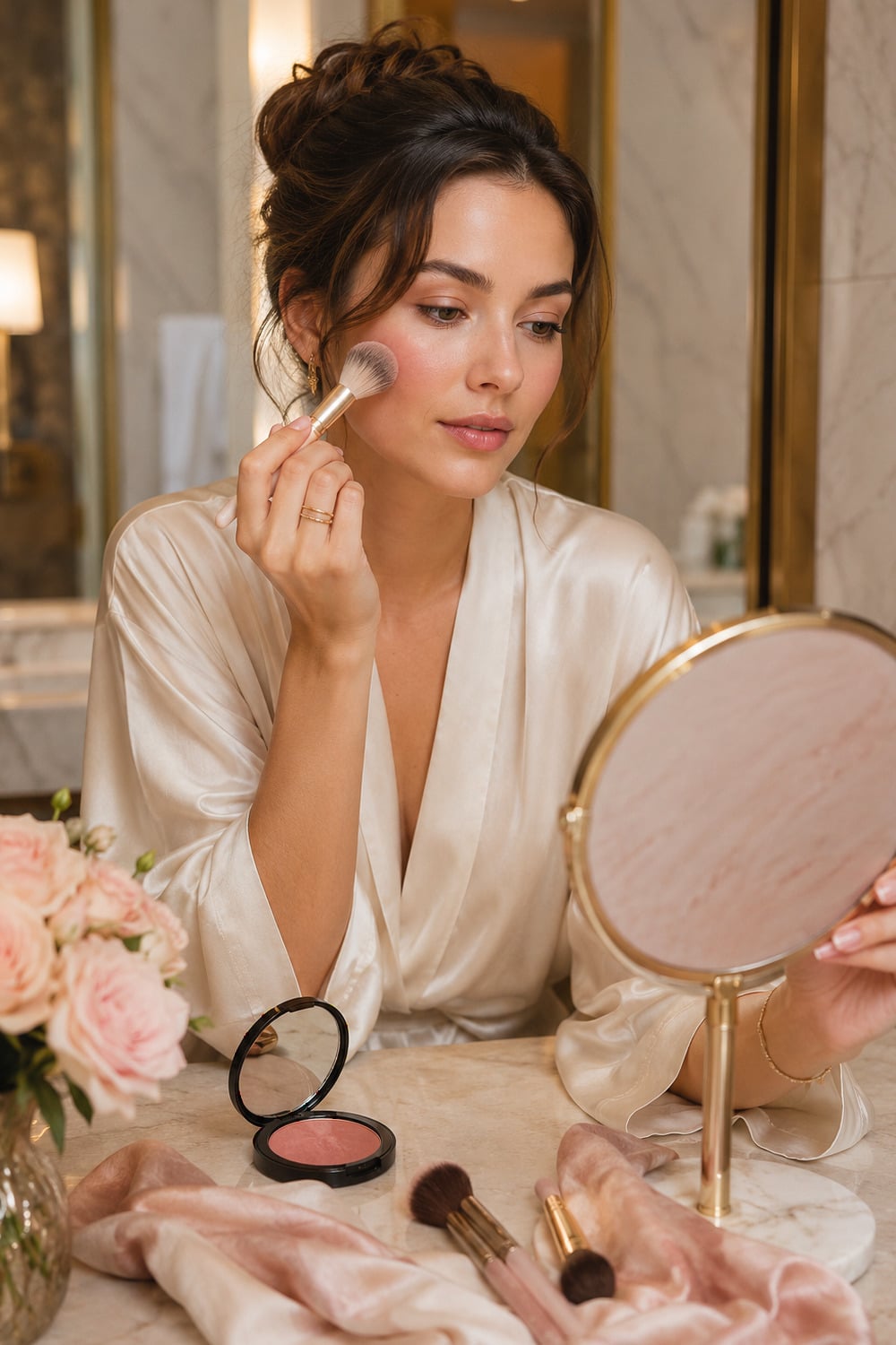 Powder Blush Makeup 7 Soft Ways to Add Color Without Looking Overdone powder blush makeup on an elegant woman with soft peach color and natural skin texture