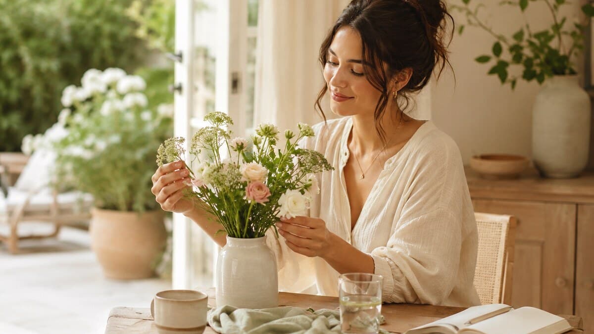 quiet joy habits for women shown through a calm woman enjoying small daily rituals in a warm sunlit home