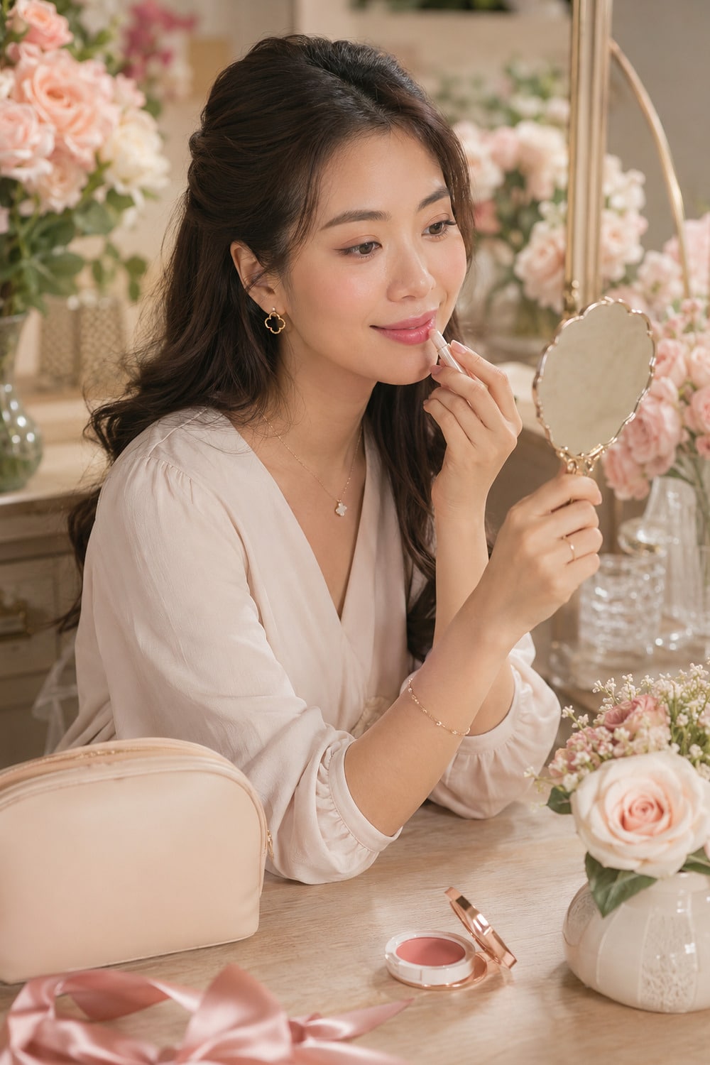 Rosy pink lips makeup ideas shown in a fresh clean face makeup look with soft rose tones
