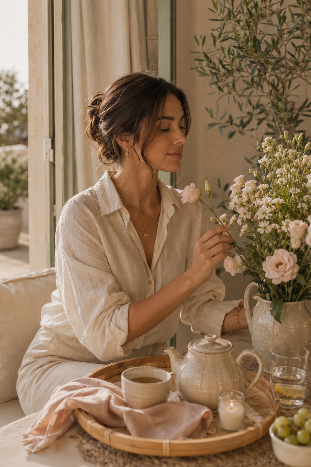 Sensory Self-Care for Women 7 Best Ways to Feel More Present sensory self-care for women shown through a calm woman arranging flowers and tea in soft daylight