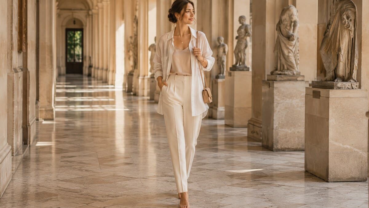 Sheer layering style with light summer texture on an elegant gallery walkway