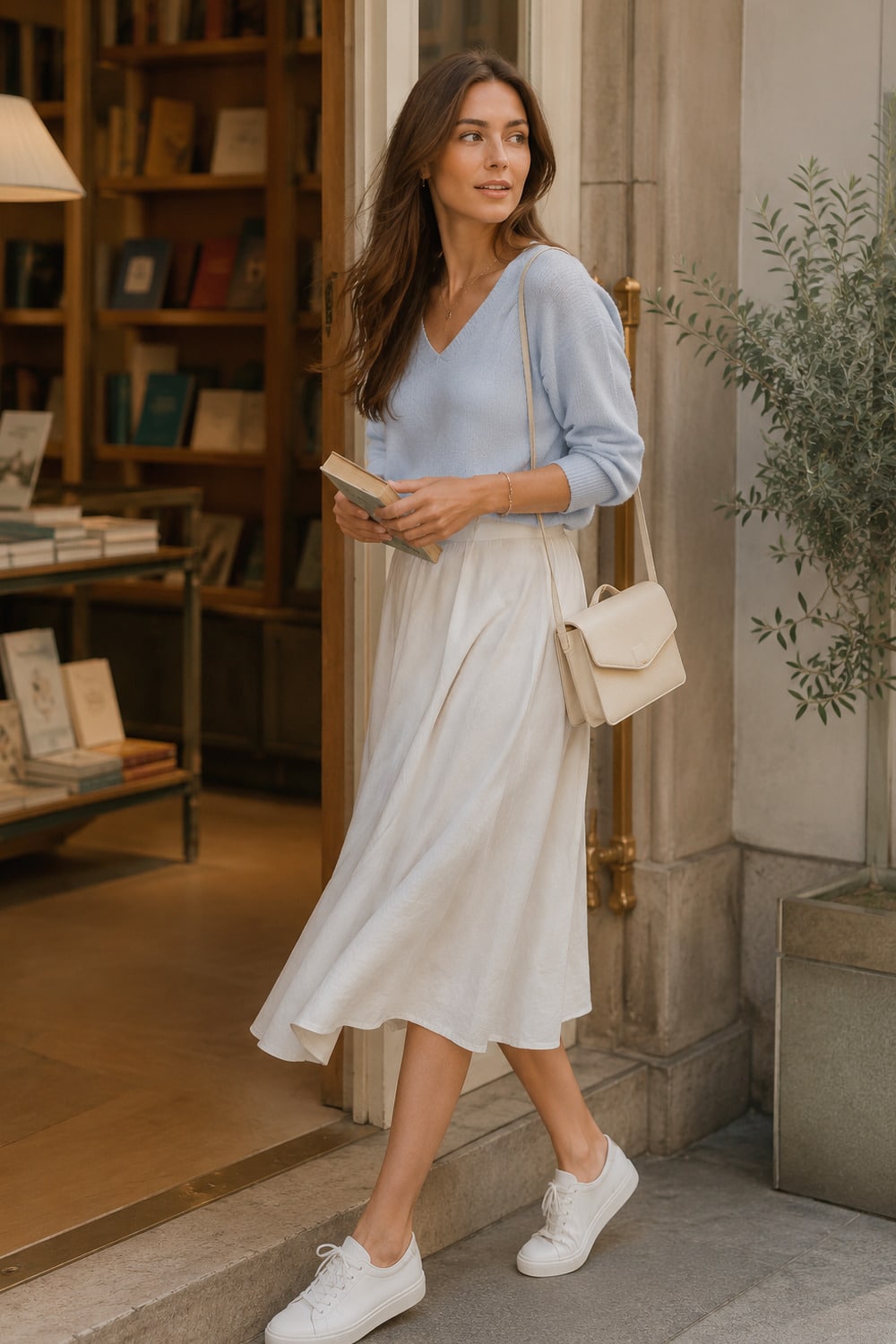 How to Wear Slim Sneakers Without Losing Polish slim sneakers style with white low profile sneakers linen skirt and polished summer accessories