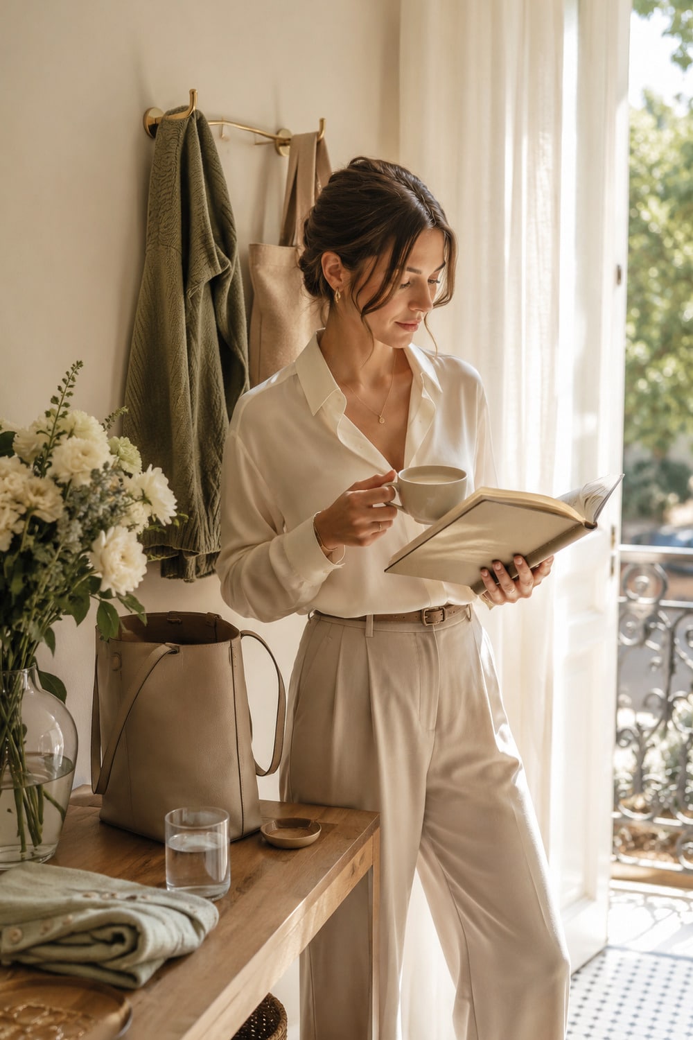 slow morning routine for women with calm tea light and pre-work planning