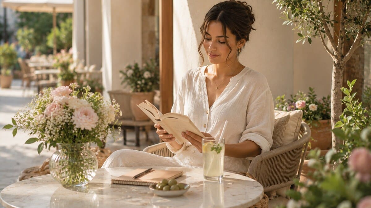 solo date summer rituals with elegant woman enjoying a peaceful café moment