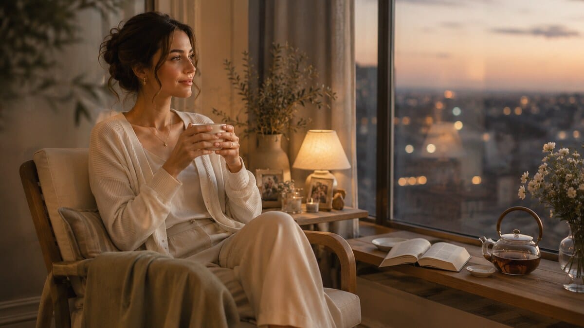 Stress softening rituals for women in a calm evening window scene with tea and soft light