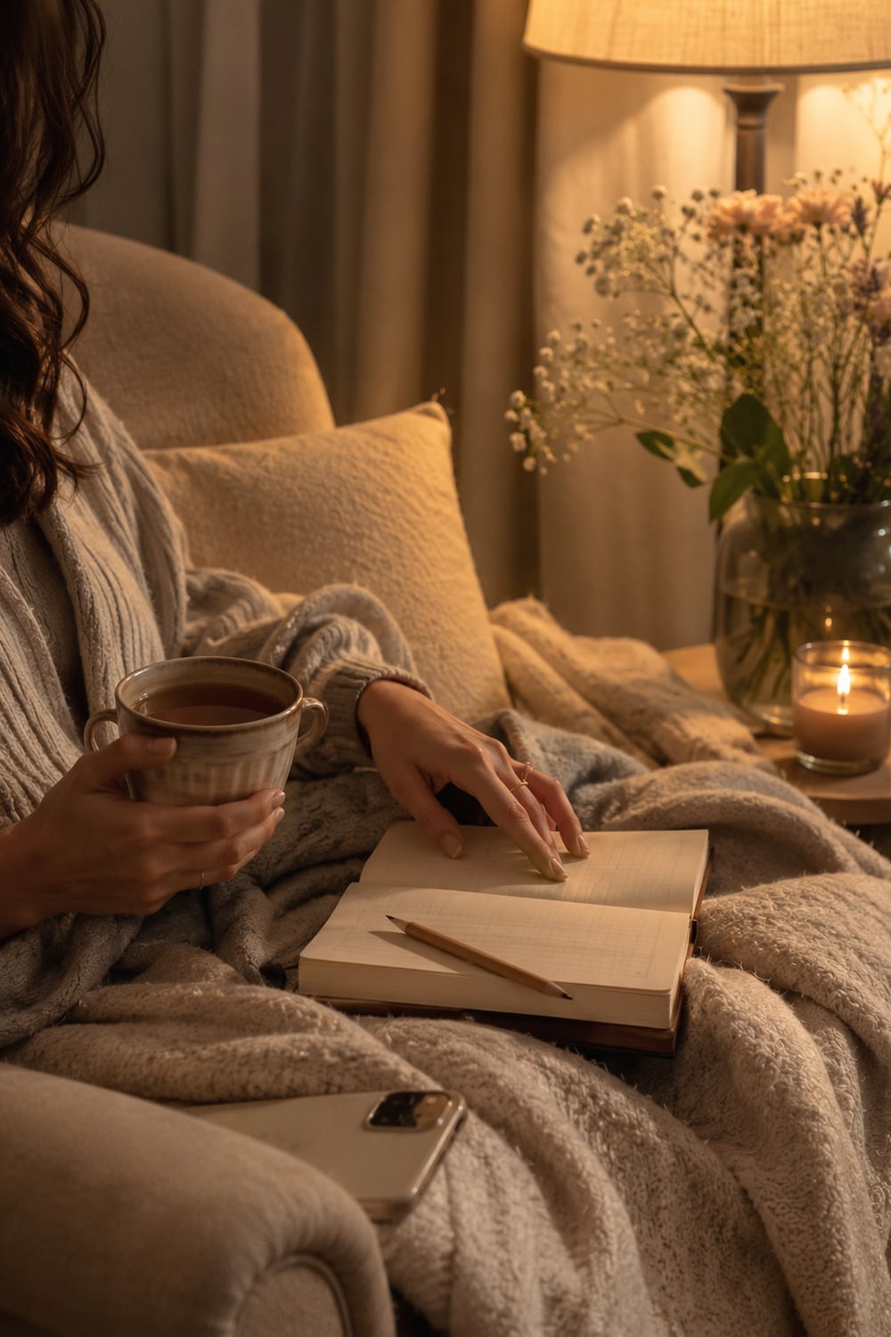 Small Rituals That Soften a Stressful Day stress softening rituals for women with tea, soft light and a quiet evening chair