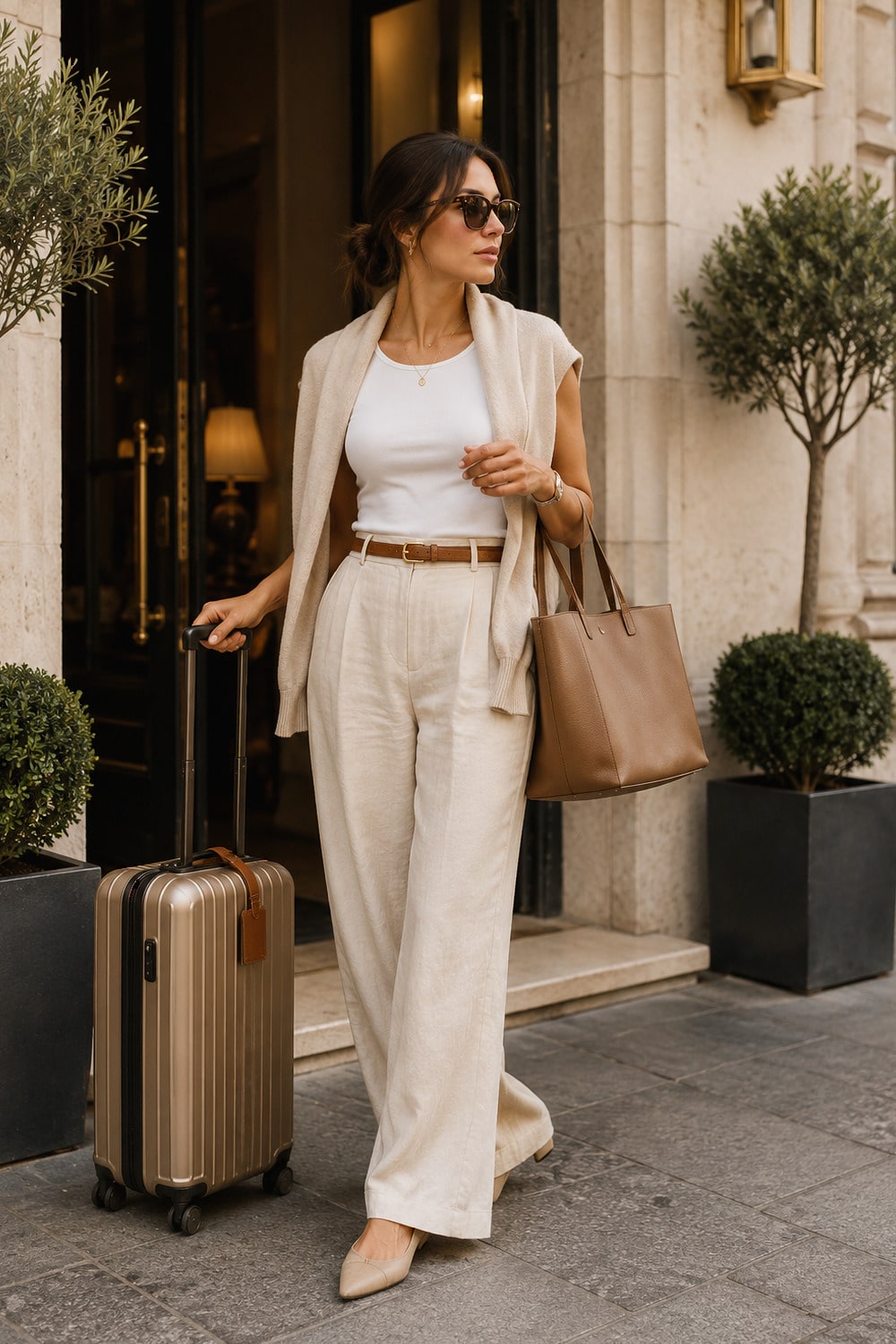 summer travel outfit formula with elegant airport and city day styling