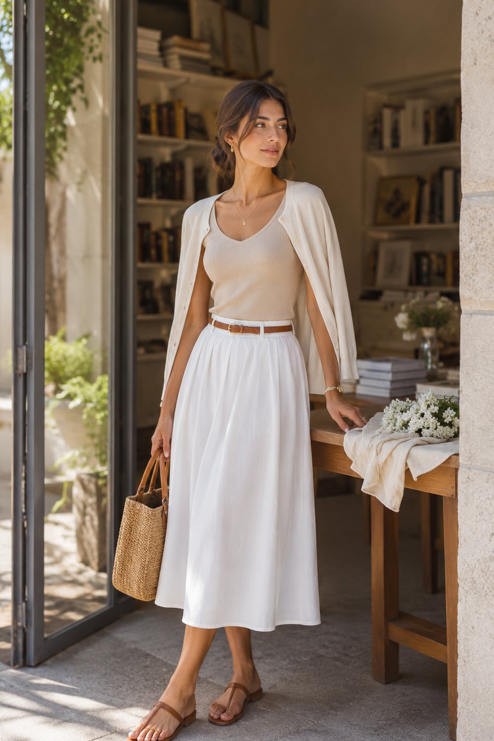 White Skirt Outfits That Feel Fresh and Modern white skirt outfits with a fresh summer midi skirt linen shirt and elegant accessories