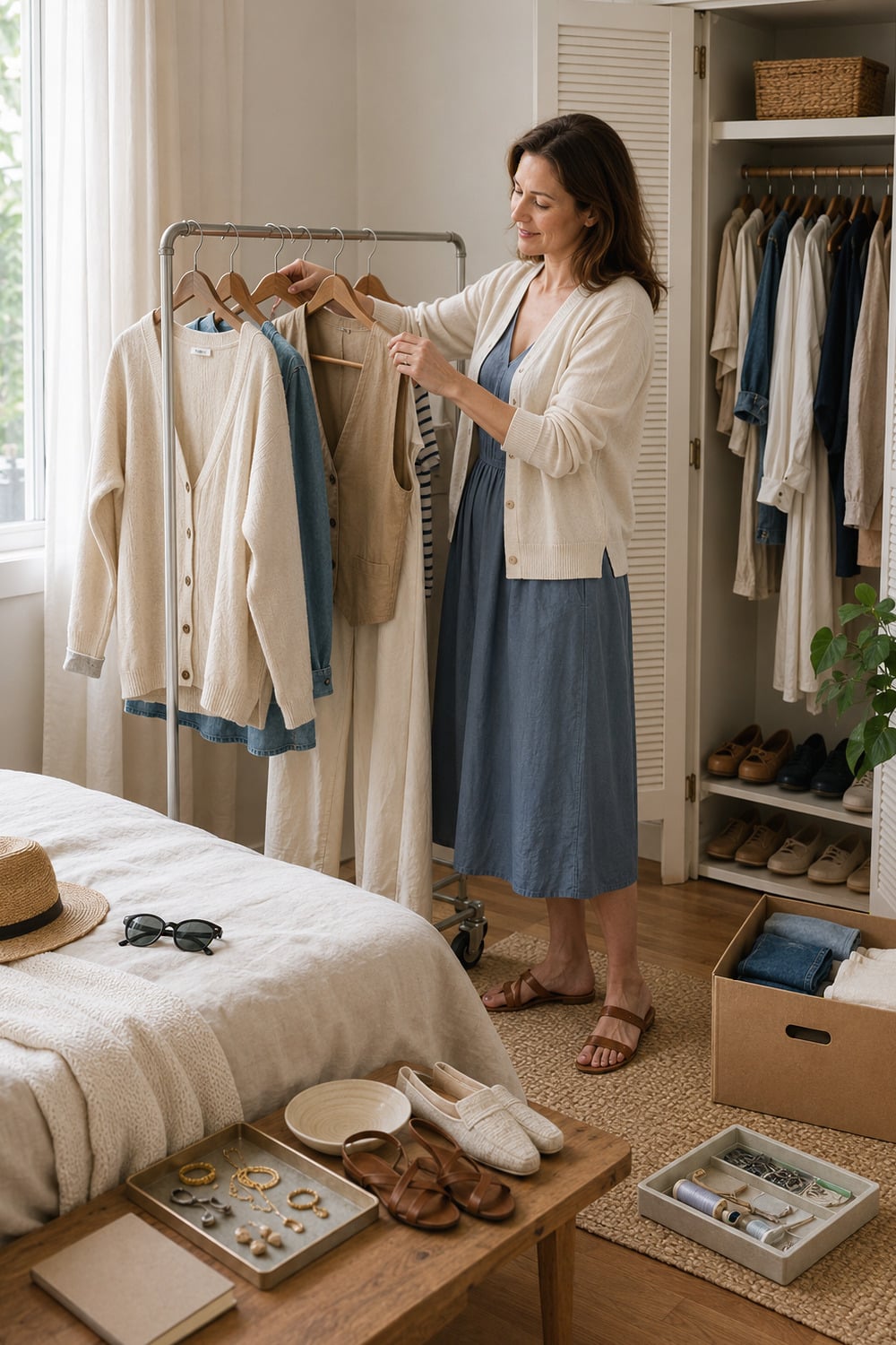 woman arranging an August wardrobe reset with a practical late summer rotation