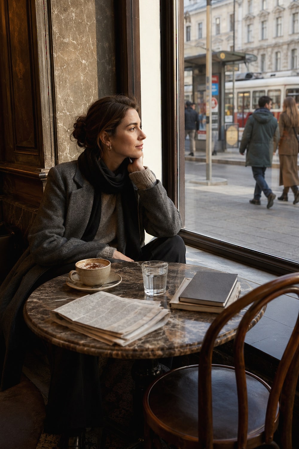Austrian Coffeehouse Lifestyle in Contemporary Vienna Austrian women lifestyle in a focused Vienna coffeehouse setting with marble table bentwood chairs newspaper rack and soft window light
