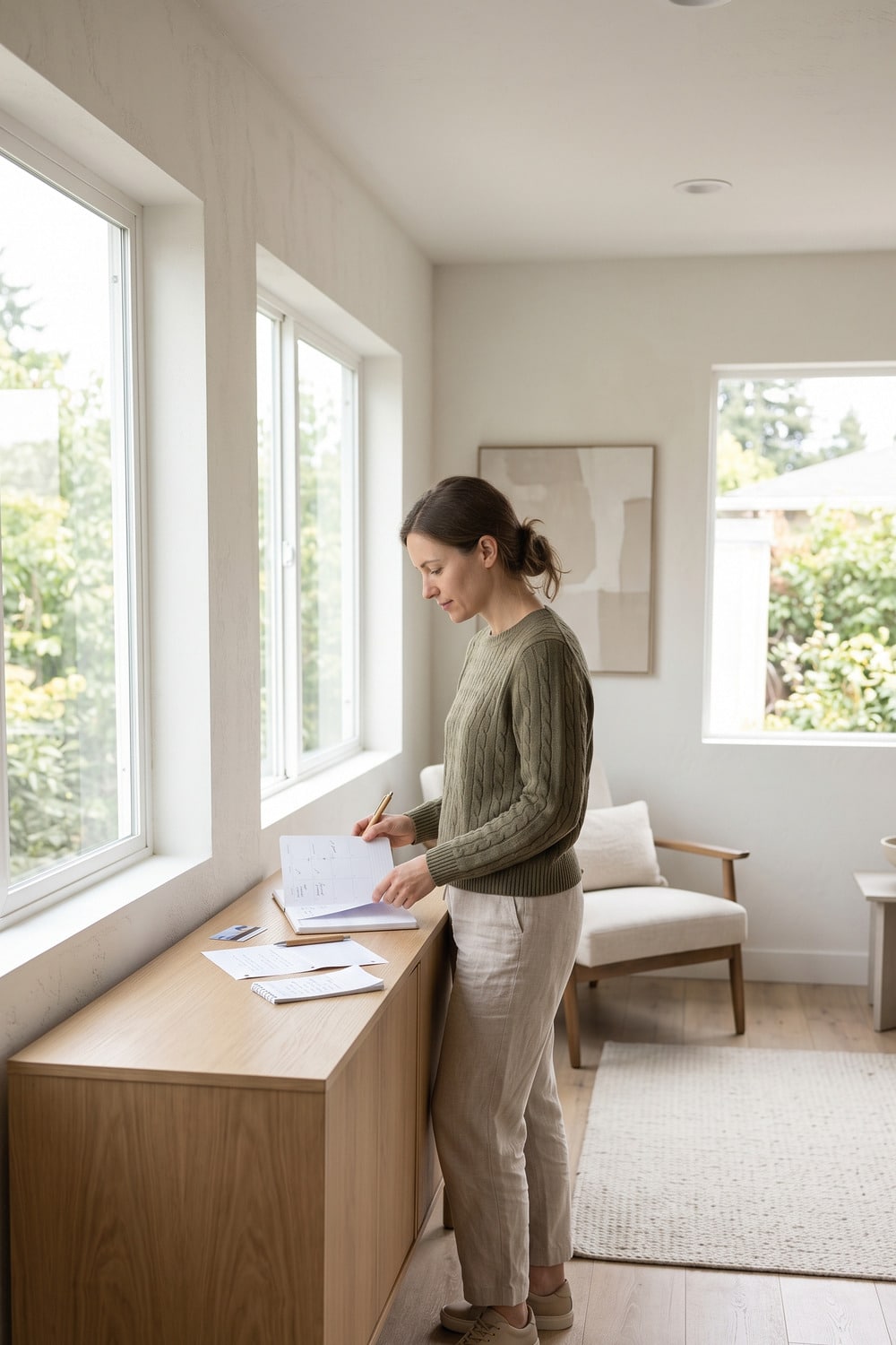 Calendar Declutter for Women With Crowded Weeks Adult woman reviewing a calendar declutter for women with open spaces beside appointments and household notes