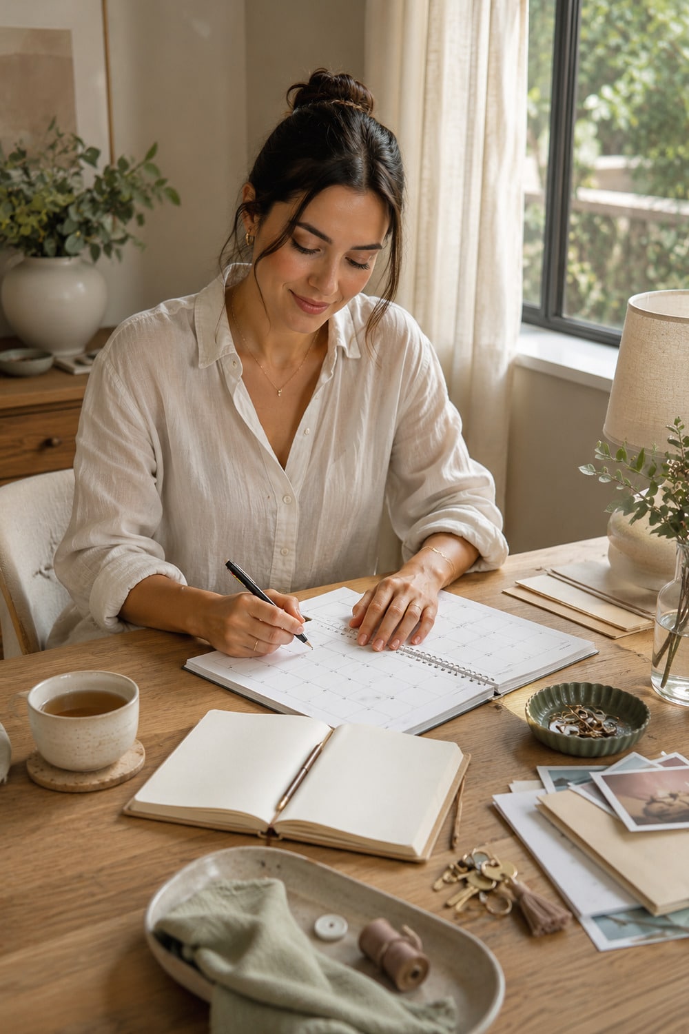 Calm Planning Ritual for a Kinder New Month woman using a calm planning ritual beside a monthly calendar, notebook and tea
