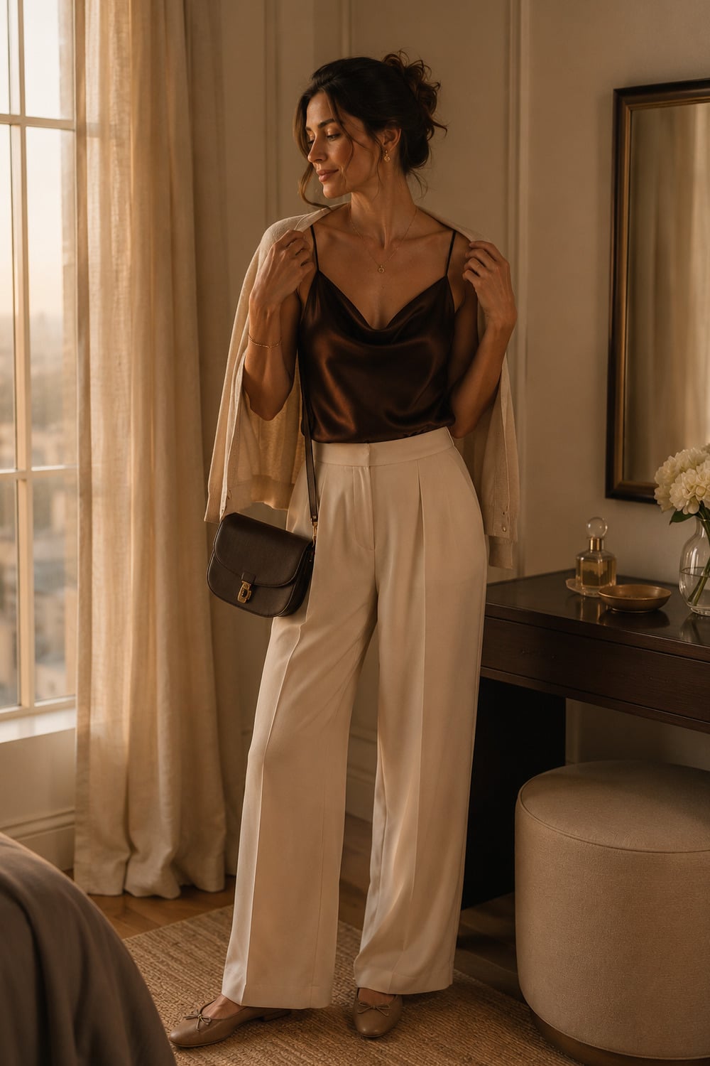 Chocolate satin style with a camisole cream trousers low taupe sandals gold jewellery and an espresso evening bag