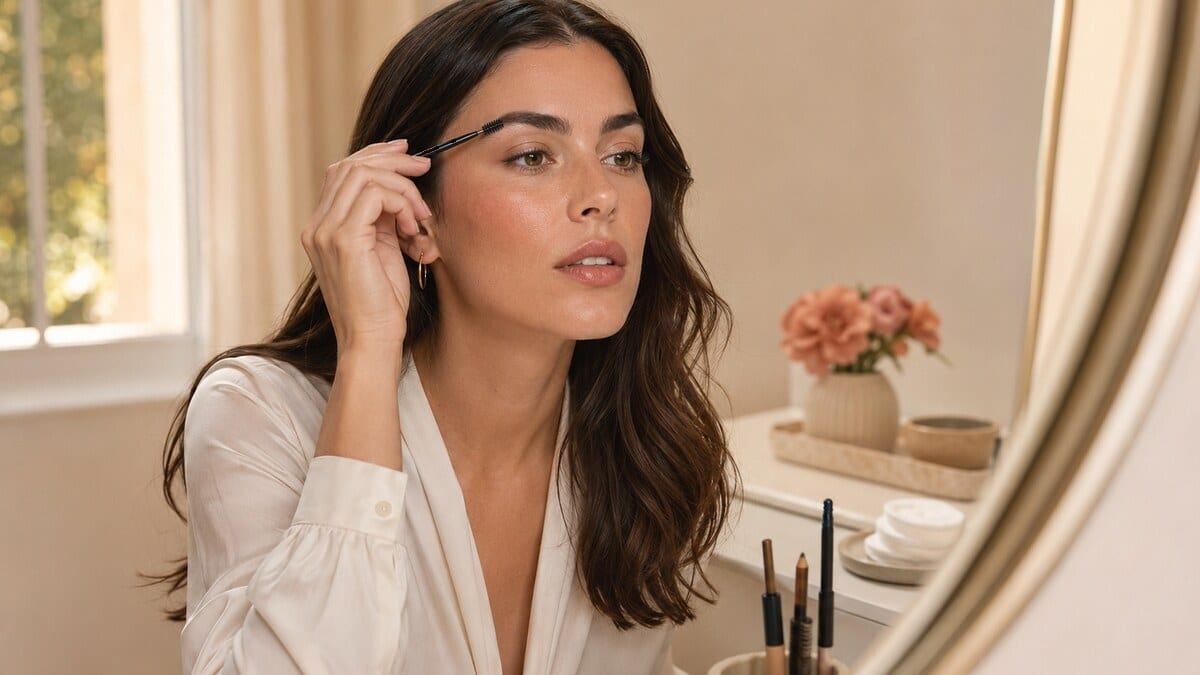 Woman following a clean brow routine at a softly lit mirror, brushing natural eyebrows with realistic skin texture and neutral makeup