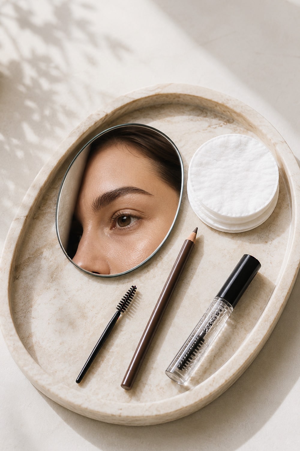 Clean Brow Routine for Soft Natural Definition Clean brow routine setup with a clean spoolie, fine brow pencil, clear gel, cotton pads, and a small mirror