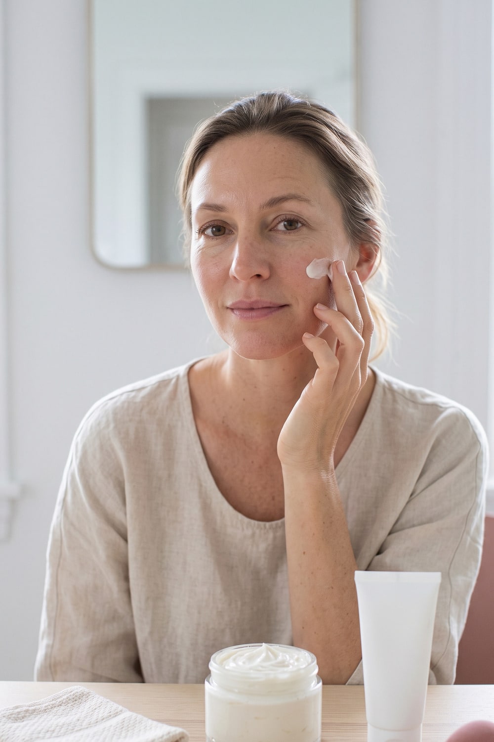 Cloud Cream Skincare for Comfortable Everyday Moisture Cloud cream skincare at a bright vanity with a woman applying airy moisturizer beside an unlabeled jar and soft towel
