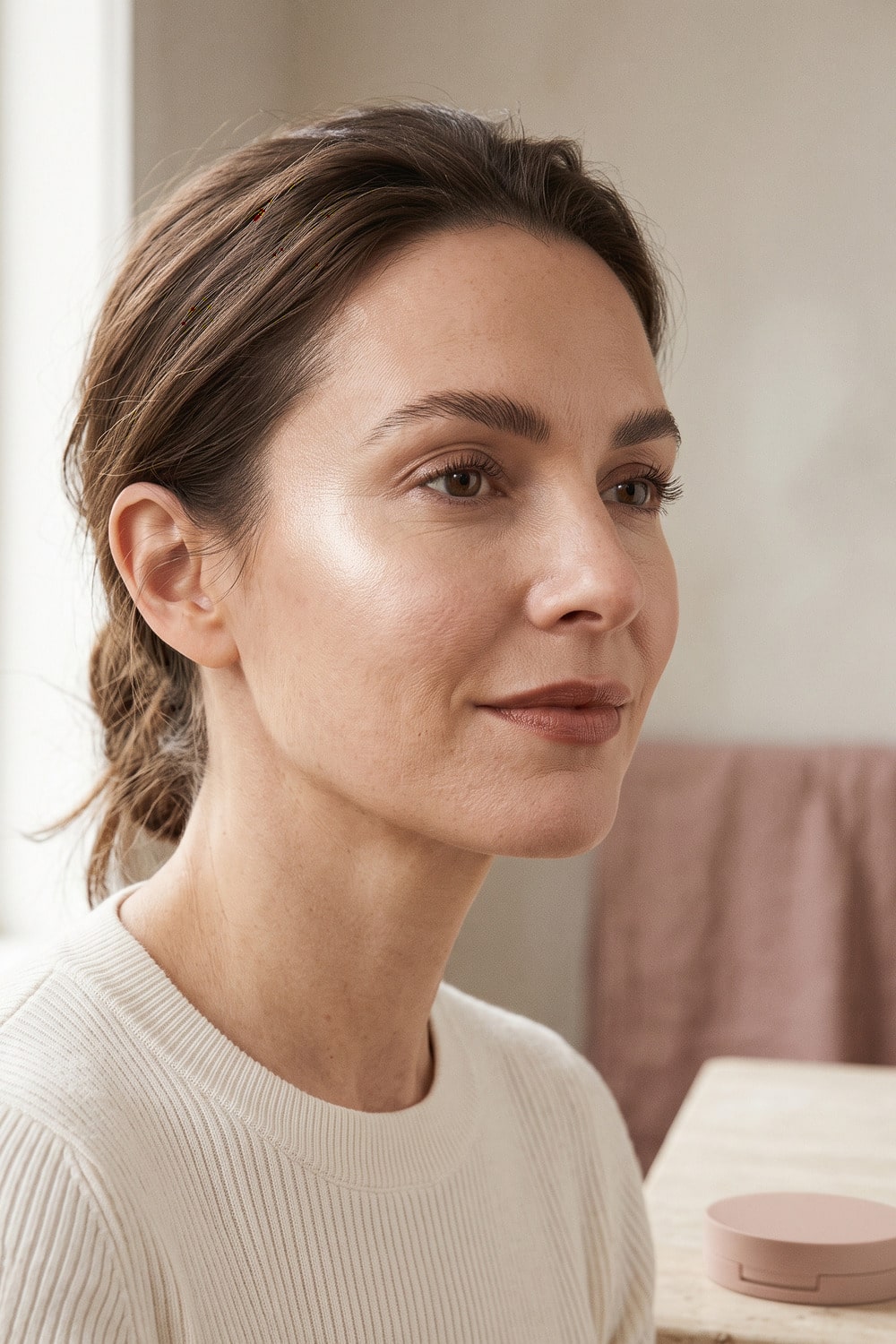 Cream Highlighter Makeup for Softly Reflective Skin Woman wearing cream highlighter makeup softly blended along the upper cheekbone in natural window light