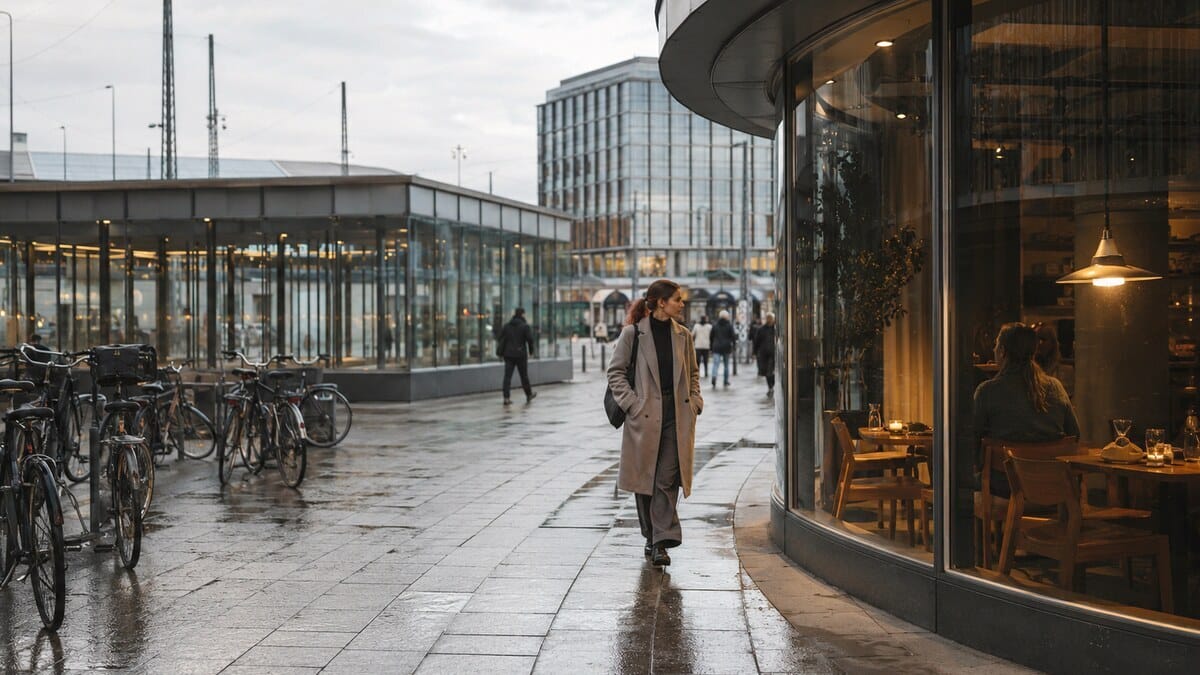 Hygge style at a Nørreport inspired Copenhagen streetscape with bicycle parking and a warmly lit contemporary café window