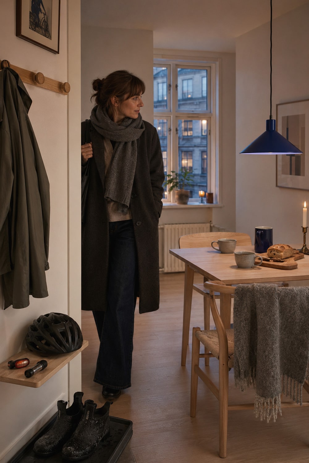 Copenhagen Hygge Through Light Movement and Practical Style Hygge style in a contemporary Copenhagen interior with layered lamps, a wool throw, bicycle helmet and simple shared table