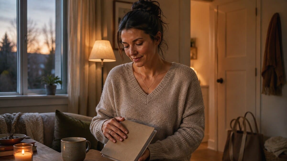Emotional reset Sunday with a woman closing a planner beside a window at home