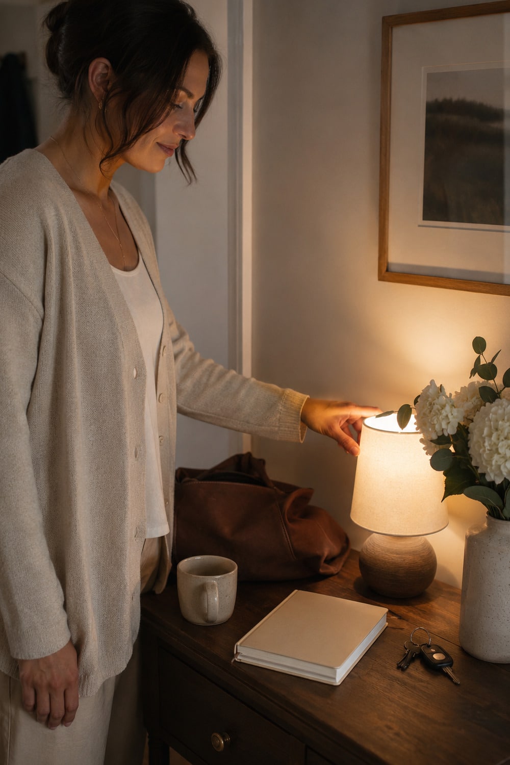 Emotional Reset Sunday for a Gentler Week Emotional reset Sunday scene with a closed planner, tea, flowers, and soft lamplight