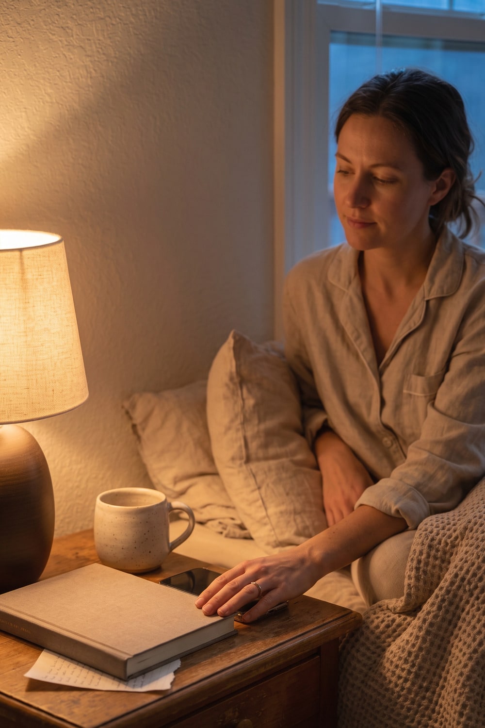 Evening wind down reset scene with a warm lamp, closed journal, folded throw, and phone placed face down away from the bed