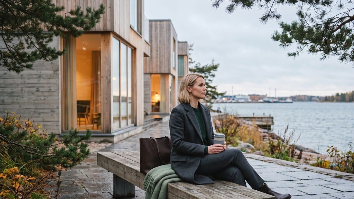 Finnish women lifestyle in a Helsinki city setting with shoreline path timber architecture wet stone pine branches and warm window light