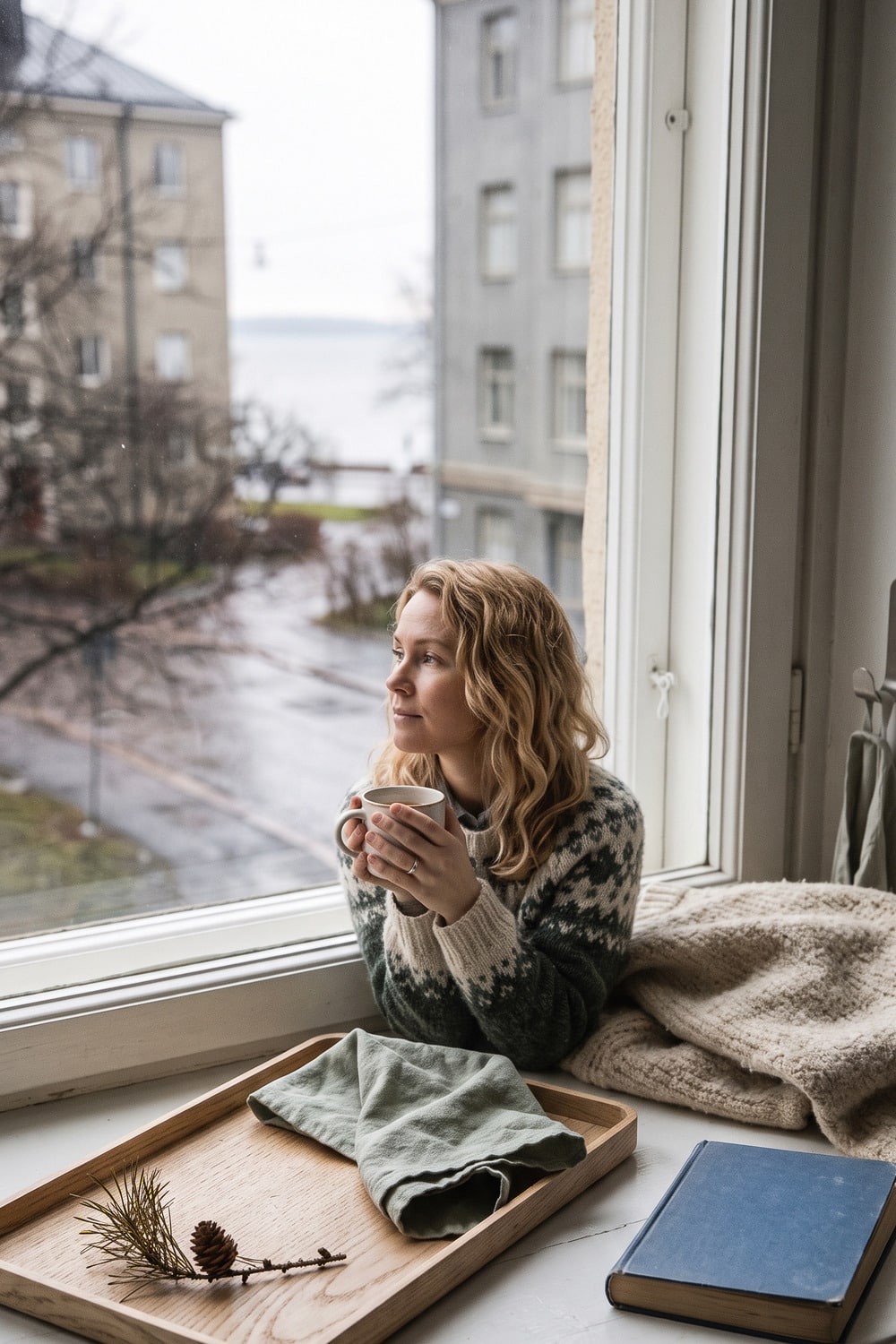Finnish Nature and Simplicity in Helsinki Daily Life Finnish women lifestyle in a Helsinki city setting with birch tray linen cup wool knit and a view toward trees and water