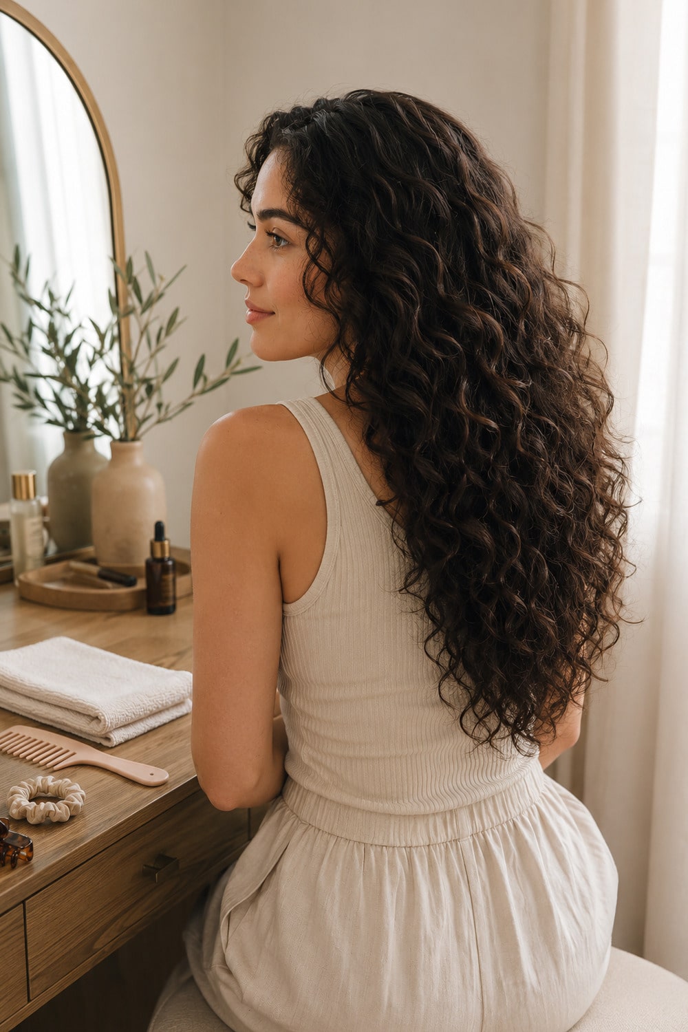 woman styling frizz friendly hair with a wide tooth comb and soft towel