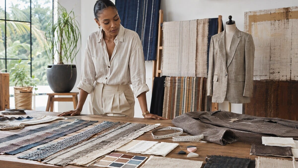 color confidence through woven textile strips color swatches and sewing tools in a contemporary Accra studio