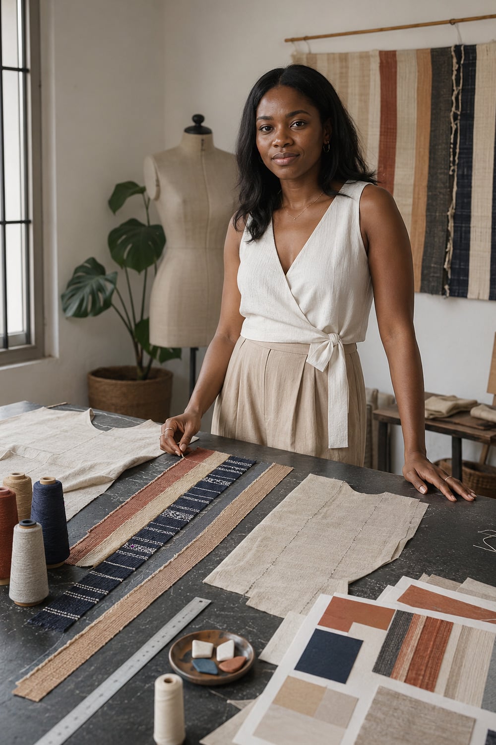Ghanaian Textile Color in Contemporary Accra Style woven textile strips and contemporary garment details showing color confidence in an Accra design studio setting