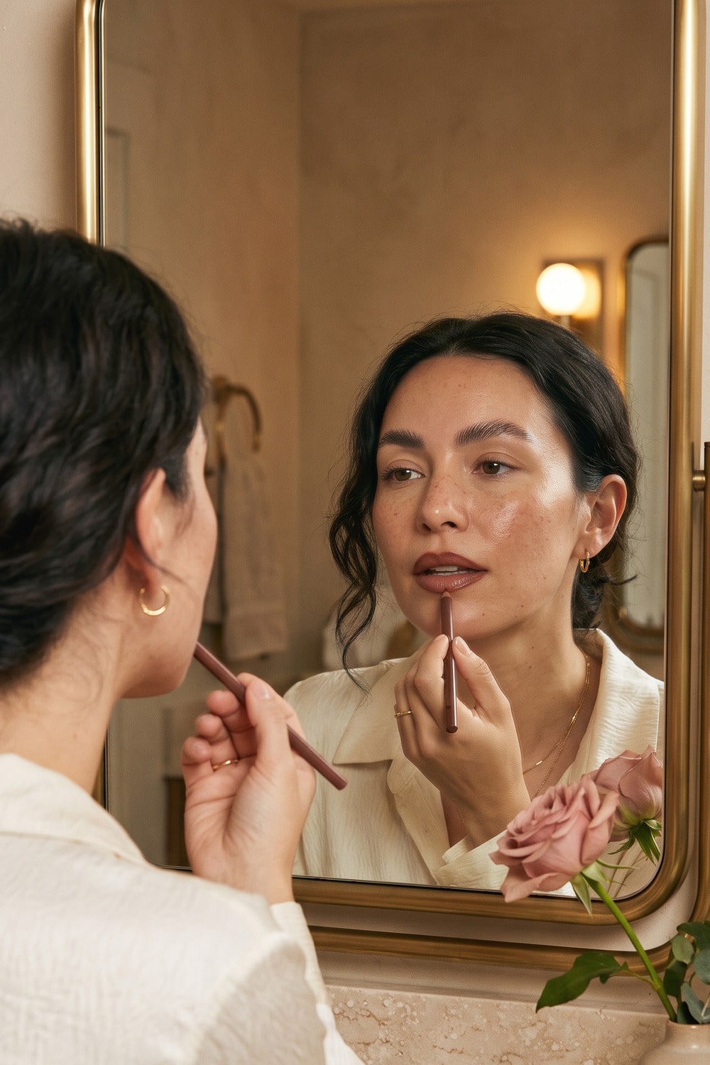 Glossy Brown Lips with Softly Blurred Definition Woman wearing glossy brown lips with softly diffused cocoa liner and visible natural skin texture