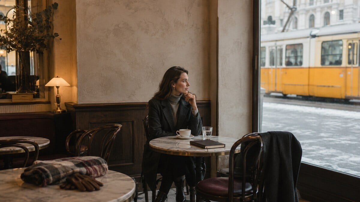 Lifestyle heritage in a contemporary Budapest café with winter coat details beside a tram-lit street