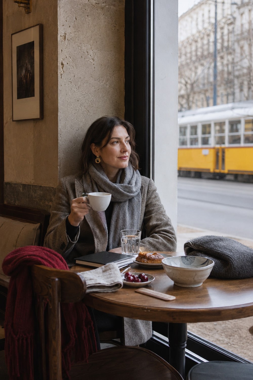 Hungarian Heritage in Budapest Daily Rituals Lifestyle heritage at a contemporary Budapest café table with a notebook, porcelain cup, folded scarf, pastry plate, and tram-lit street beyond