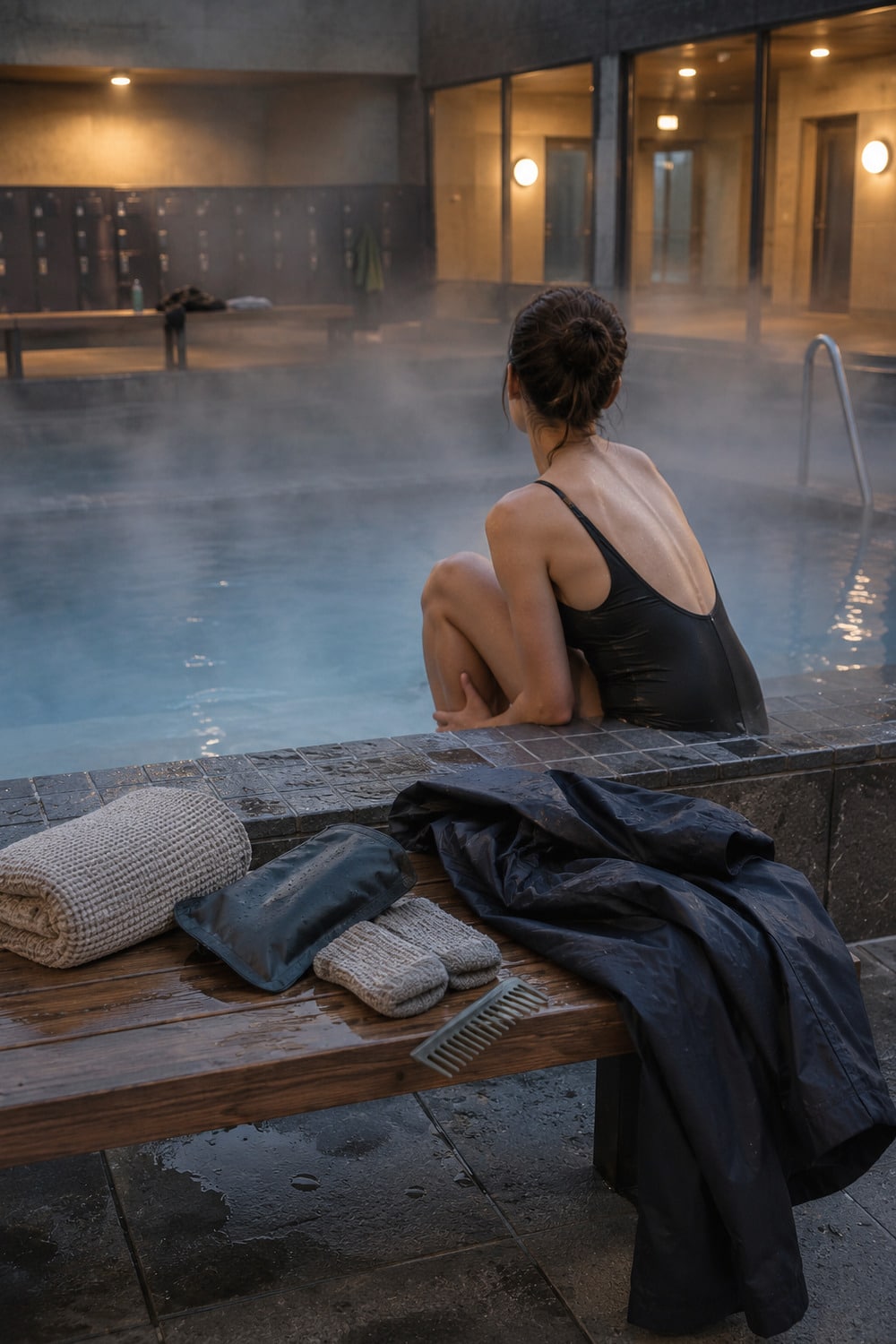 city specific Icelandic women lifestyle scene at a contemporary Reykjavik municipal pool entrance with steam dry layers and a compact swim bag