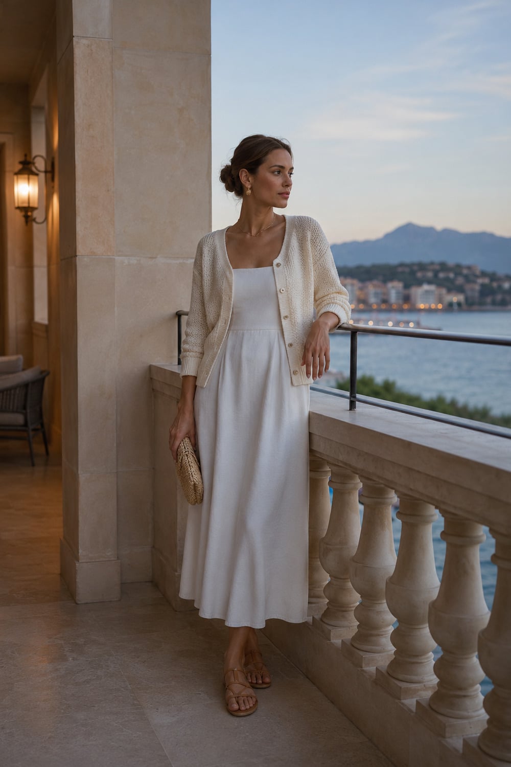 Lightweight Cardigan Style for Summer Evenings lightweight cardigan style with a cream cardigan over a summer evening dress