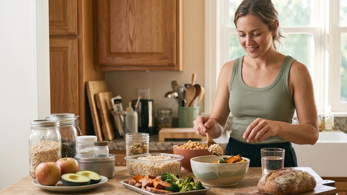 Low effort meal rituals with prepared grains vegetables beans and fruit on a kitchen counter