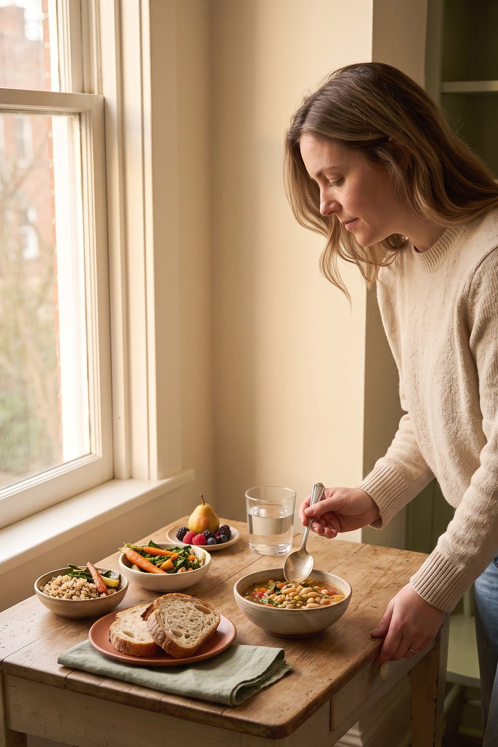 Low Effort Meal Rituals for Busy Days Low effort meal rituals shown with grains vegetables beans and fruit on a quiet kitchen table