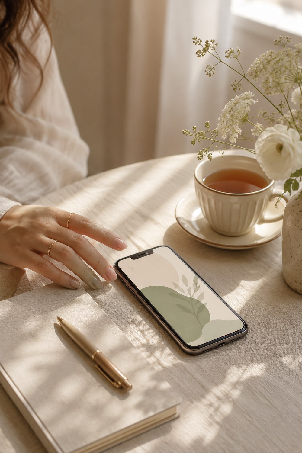 A Calmer Phone Starts with the Home Screen mindful phone home screen with a calm desk, simple phone layout and soft wellness mood