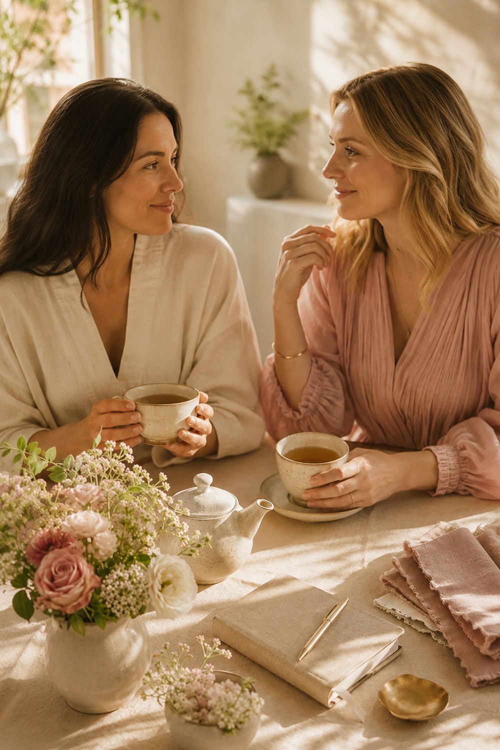 Nourishing Friendship Habits for Changing Seasons two friends sharing tea beside flowers and a notebook as part of nourishing friendship habits