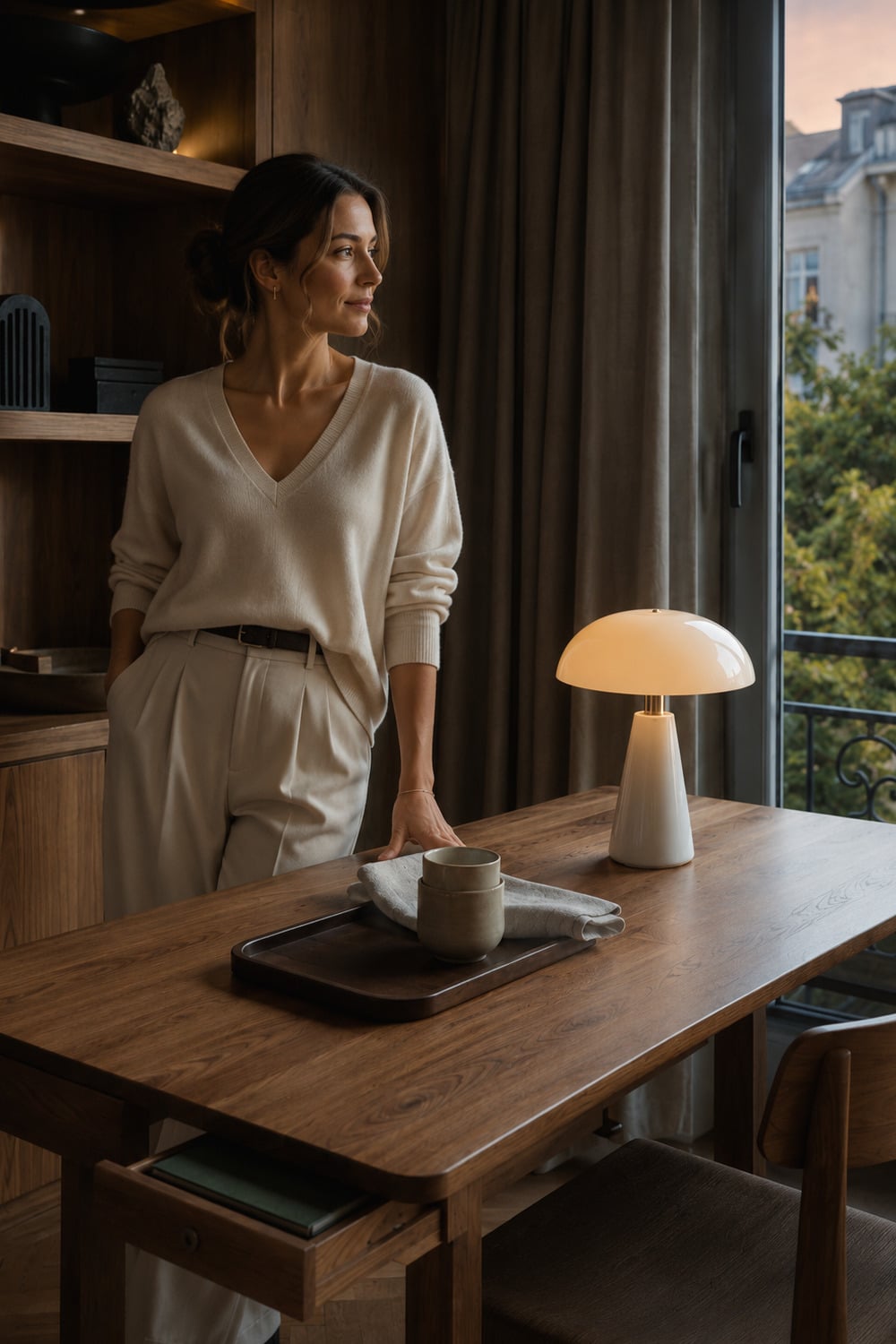 Romanian women lifestyle in a contemporary Bucharest city apartment with wood porcelain folded linen and warm window light