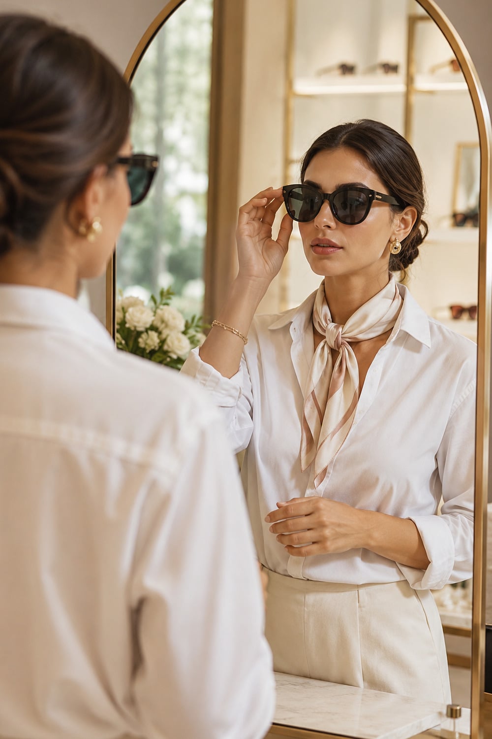 woman in a neutral summer outfit showing sculptural sunglasses style