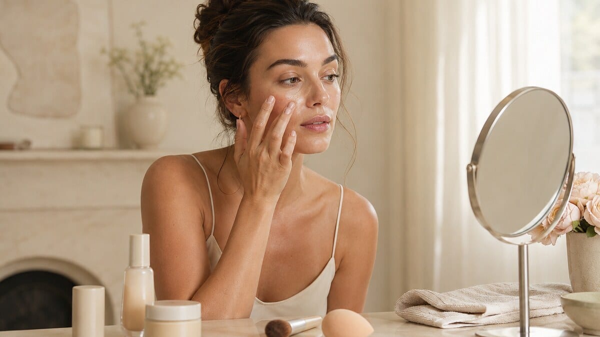 woman applying skin tint makeup at a daylight vanity with natural skin texture