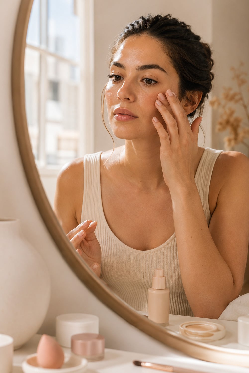 woman blending skin tint makeup over a natural summer base