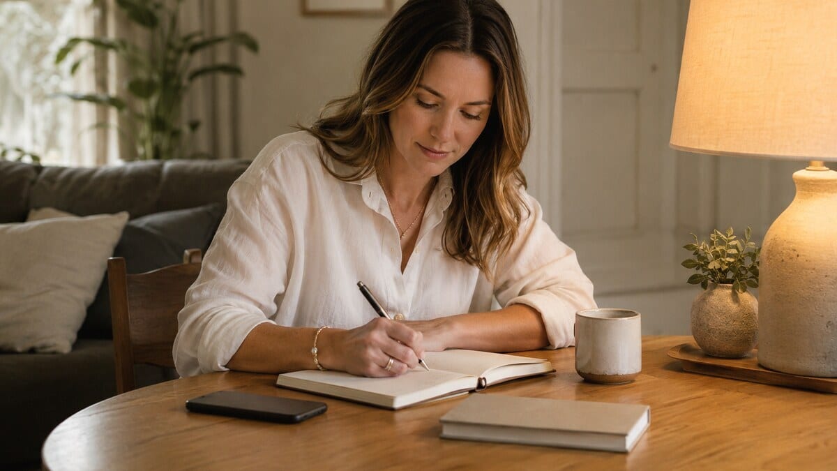 Slow social media routine with a woman writing beside a phone placed face down in a quiet evening room