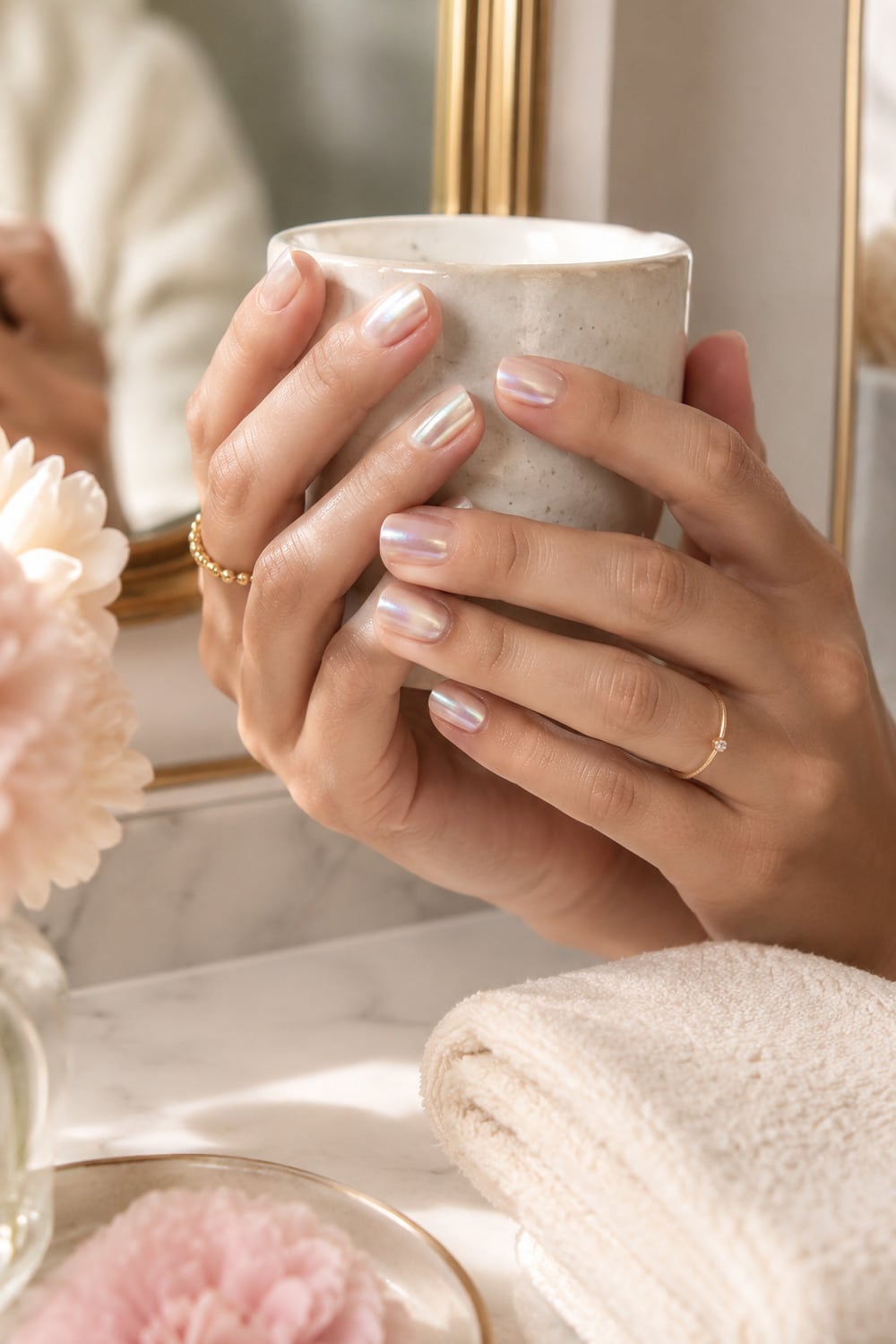 Soft Chrome Nails With a Pearly Finish soft chrome nails with a sheer pearl finish beside delicate gold rings
