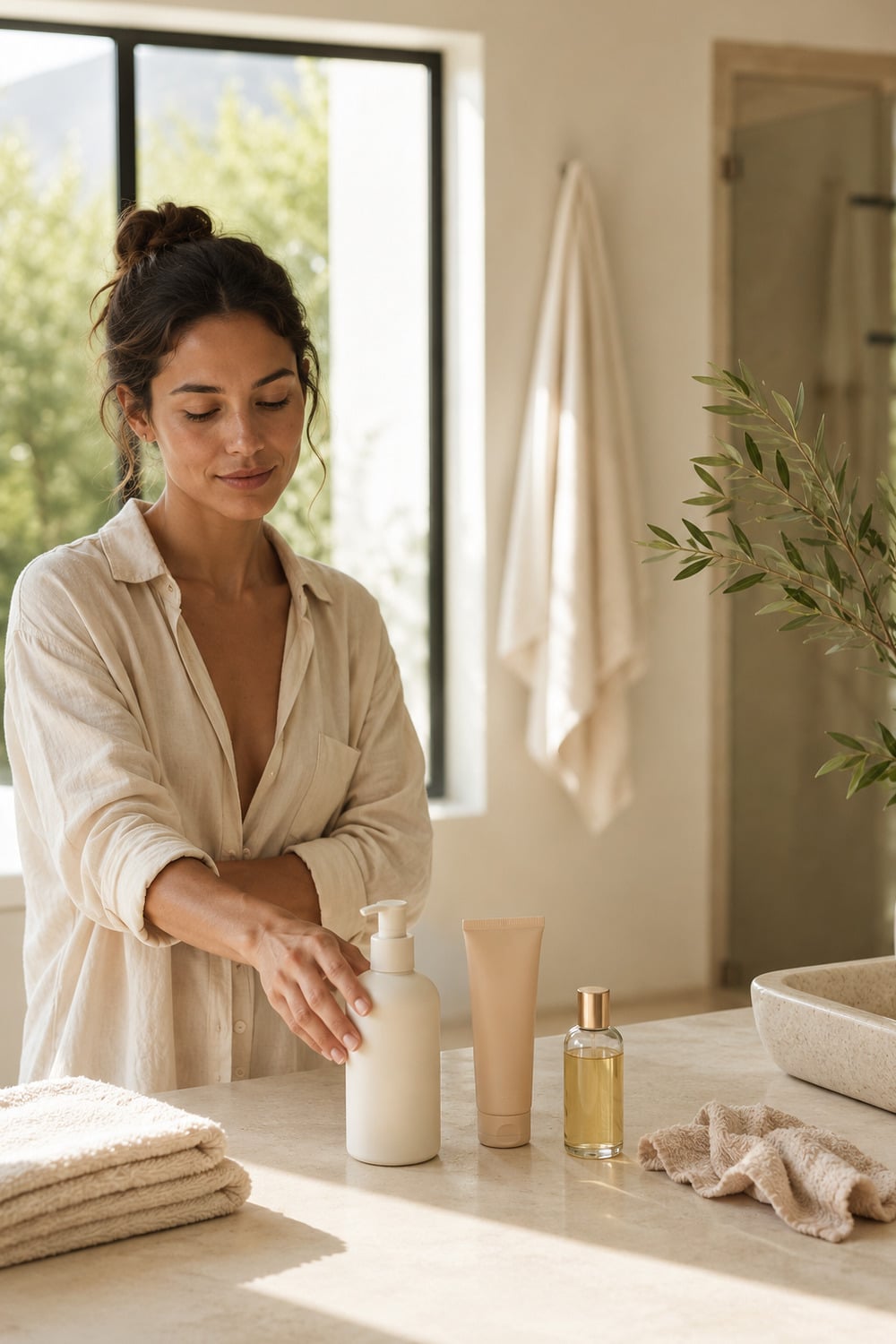 Soft Glow Body Care for Comfortable Summer Skin soft glow body care arrangement with lotion sunscreen towel and softly reflective skin finish