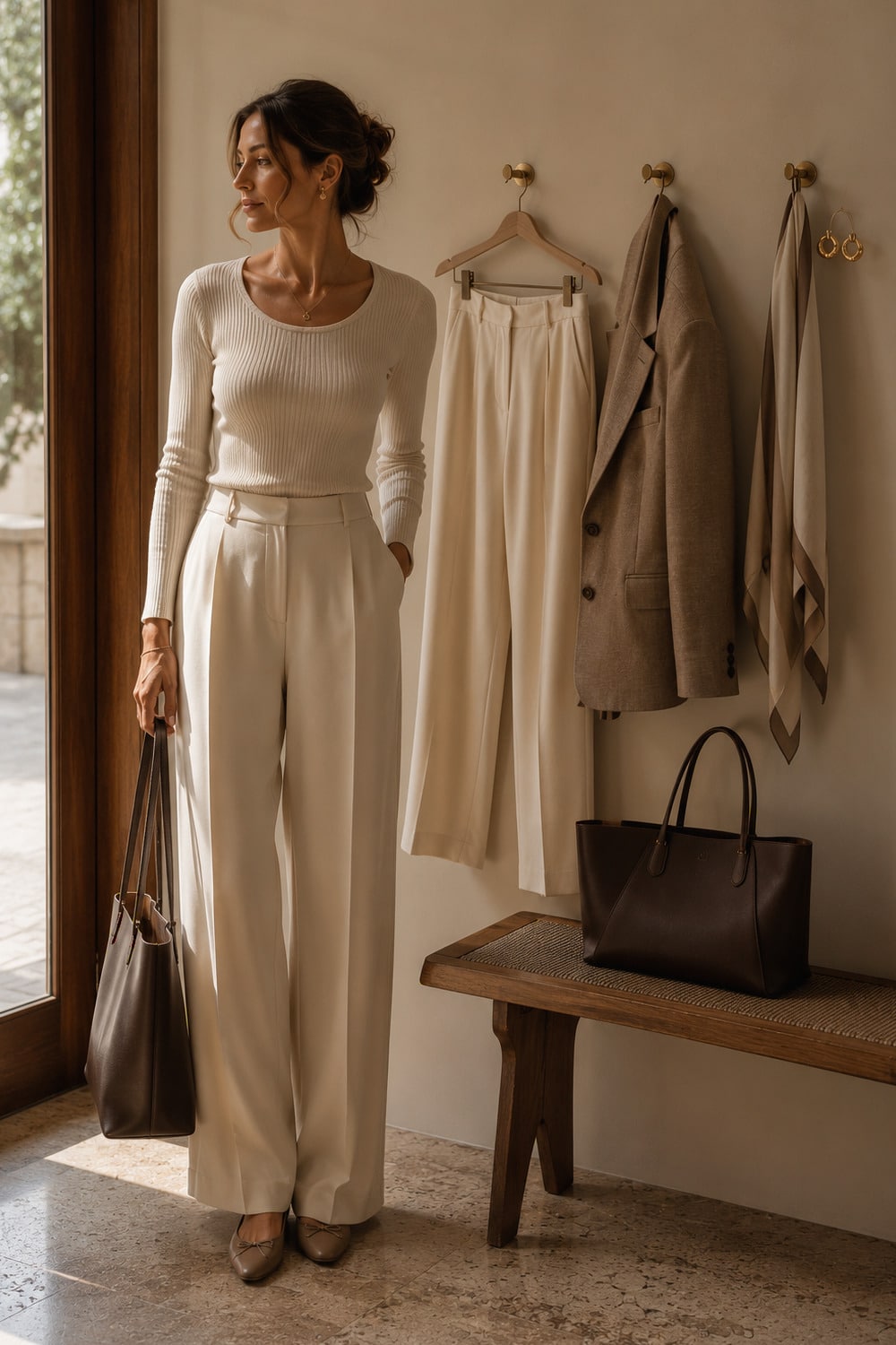 Soft Office Outfits for Returning to Routine Woman in soft office outfits with cream trousers and a taupe blazer for a late summer workday
