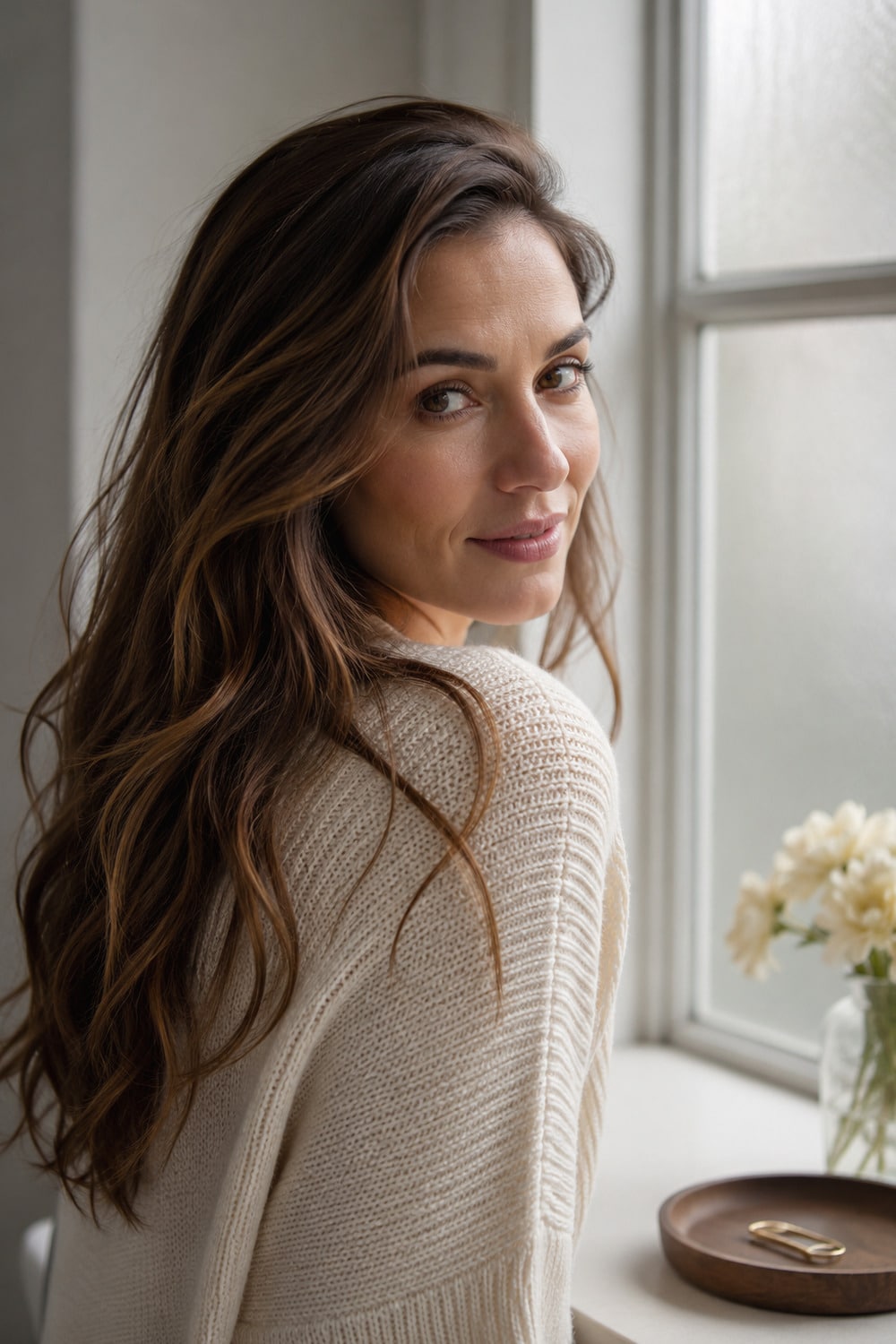 Soft Side Part Hair With Natural Movement Woman wearing soft side part hair with gentle root lift and loose glossy waves